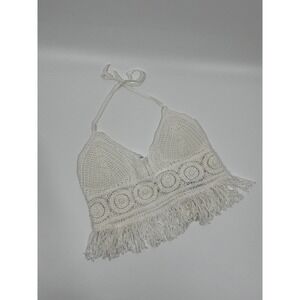 Womens Crochet Crop Top ONE SIZE White Boho Chic Western Rodeo Fringe Festival